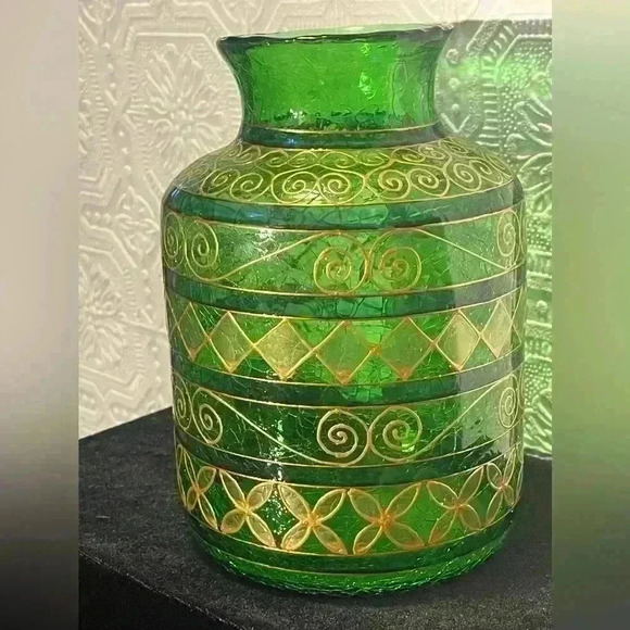Vintage  Bohemian Green Crackle Gold-Gilded Vase - Picture 2 of 12
